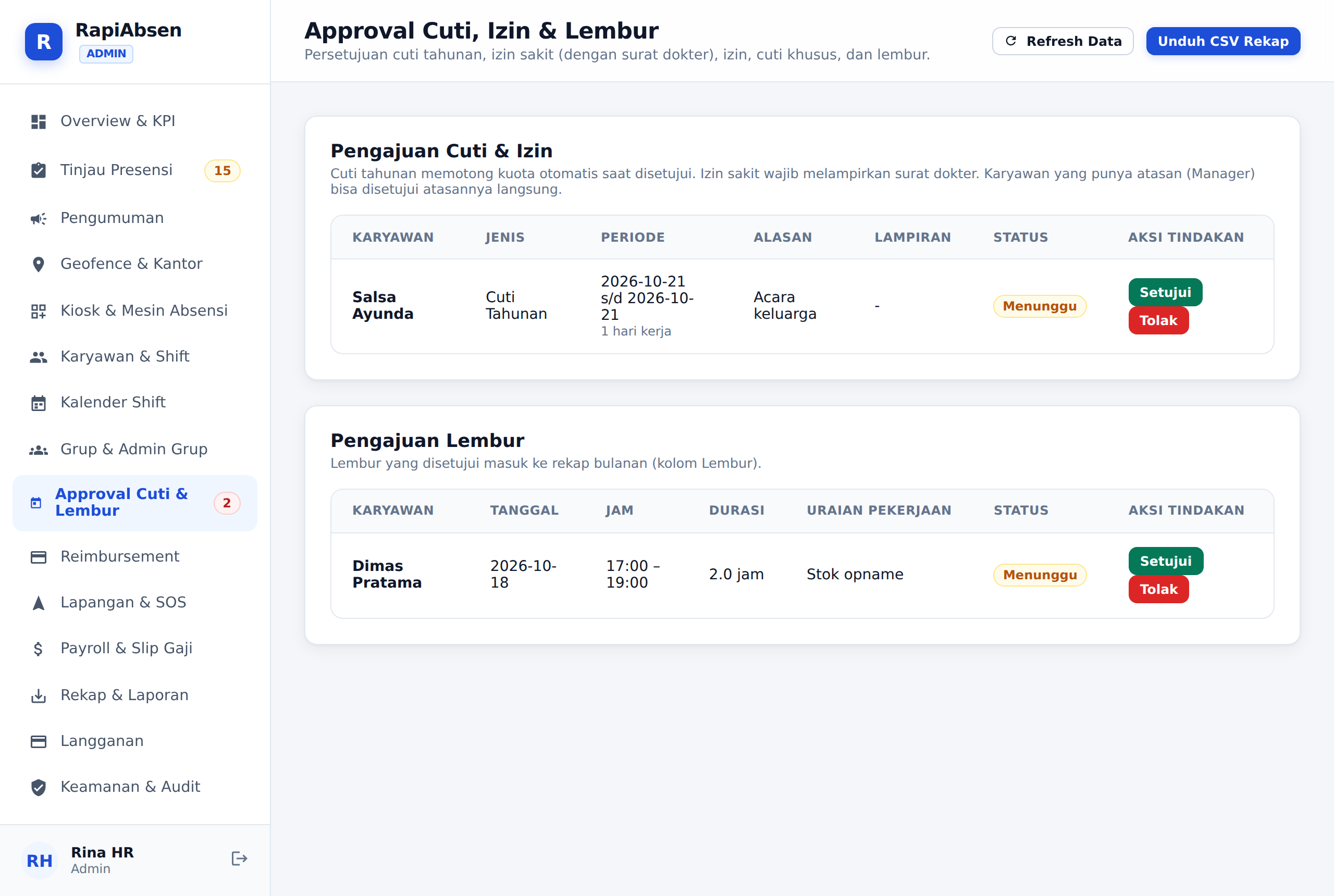 Screenshot Approval Cuti dan Lembur RapiAbsen