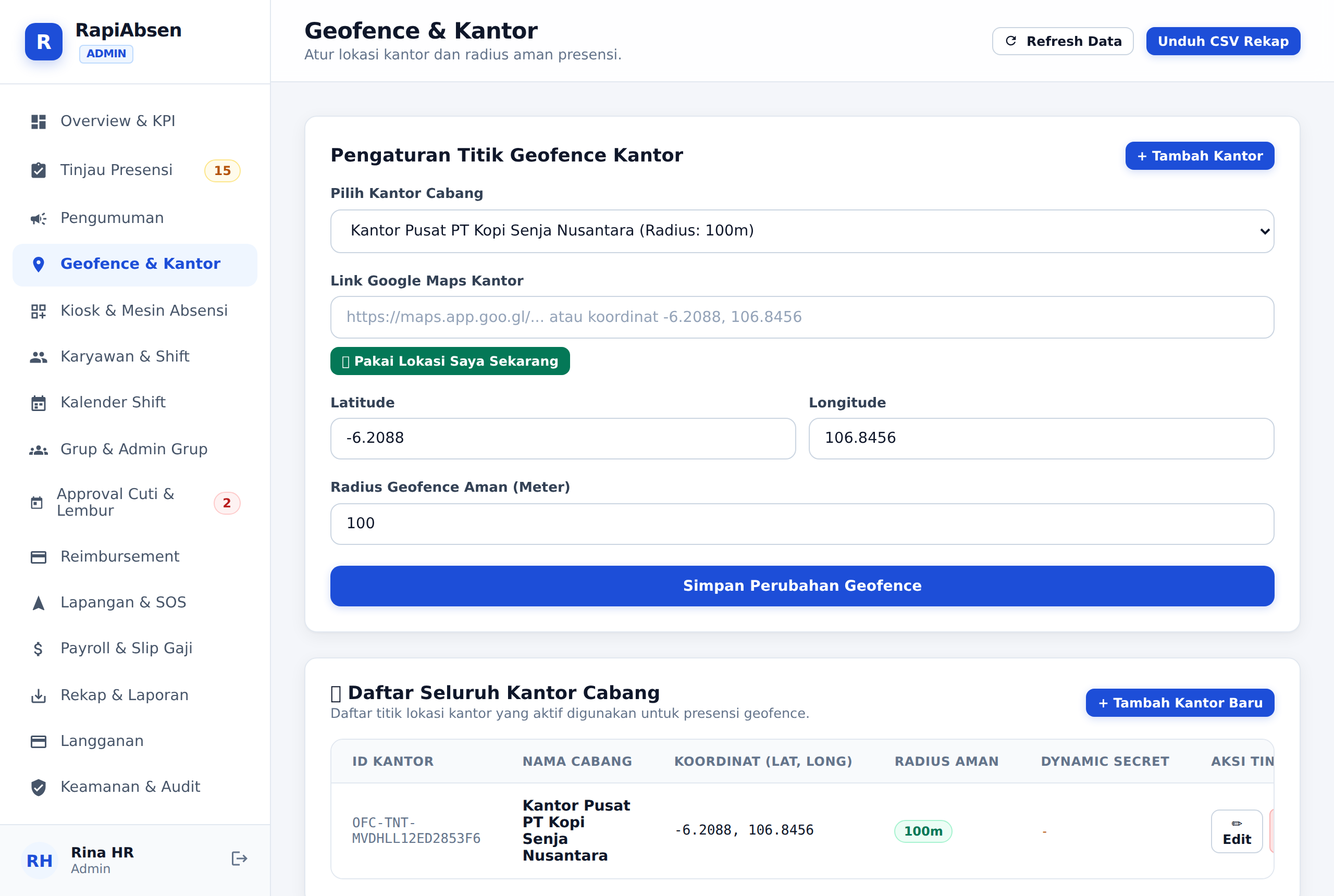 Screenshot Pengaturan Geofence Radius Kantor RapiAbsen