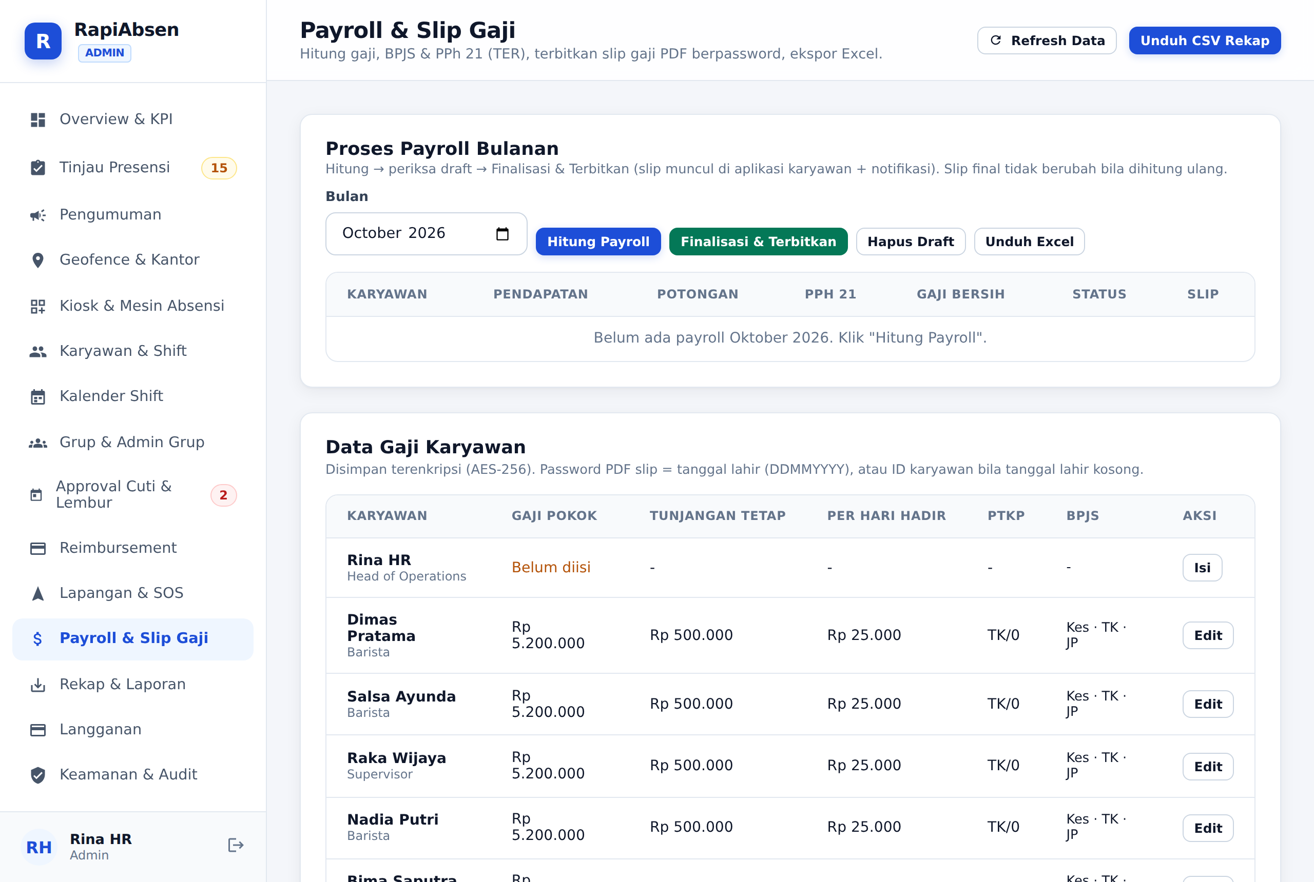 Screenshot Payroll dan Slip Gaji RapiAbsen